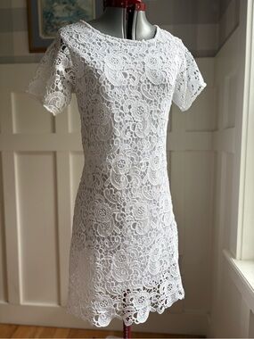 Coastal Summer White Lace Mini Dress with Floral Crochet Medium